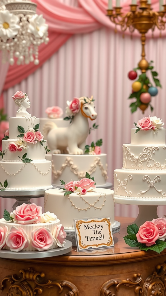 A display of beautifully decorated Rococo cakes with flowers and a decorative horse.