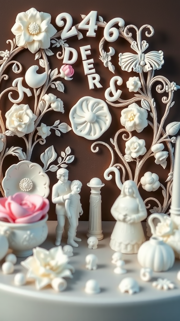 An array of Rococo cake decorating tools displayed with intricate floral and figurative designs.