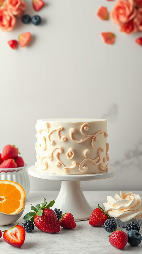 A beautifully decorated Rococo cake with swirls, surrounded by fresh fruits.