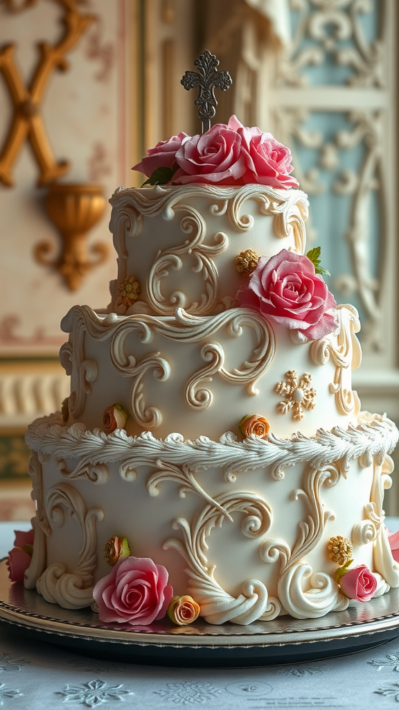 A beautifully decorated Rococo cake with intricate designs and pink roses.