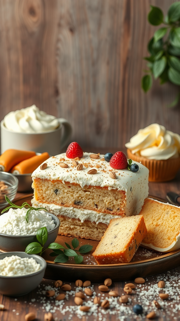 A beautifully decorated Rococo cake with layers, topped with strawberries and blueberries, served with cream and nuts.