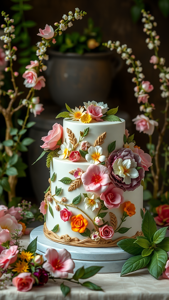 A three-tiered Rococo cake adorned with colorful edible flowers and greenery.