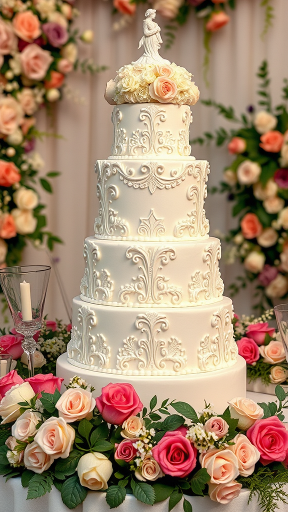 A beautifully designed Rococo cake adorned with intricate patterns and topped with flowers, surrounded by colorful roses.