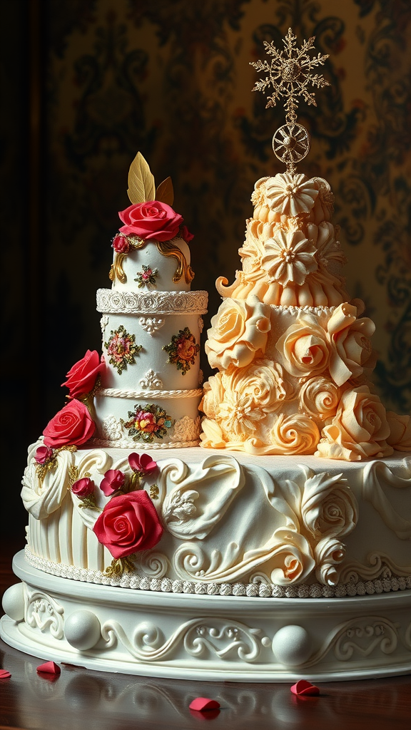 A beautifully crafted Rococo cake, featuring intricate designs and floral decorations.