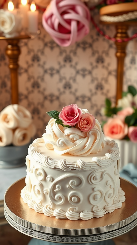 A beautifully decorated Rococo cake with swirls and roses, set against an elegant background.