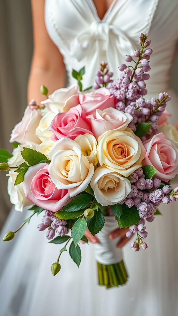A bridal bouquet featuring pink and cream roses with purple accents, showcasing Rococo wedding style.