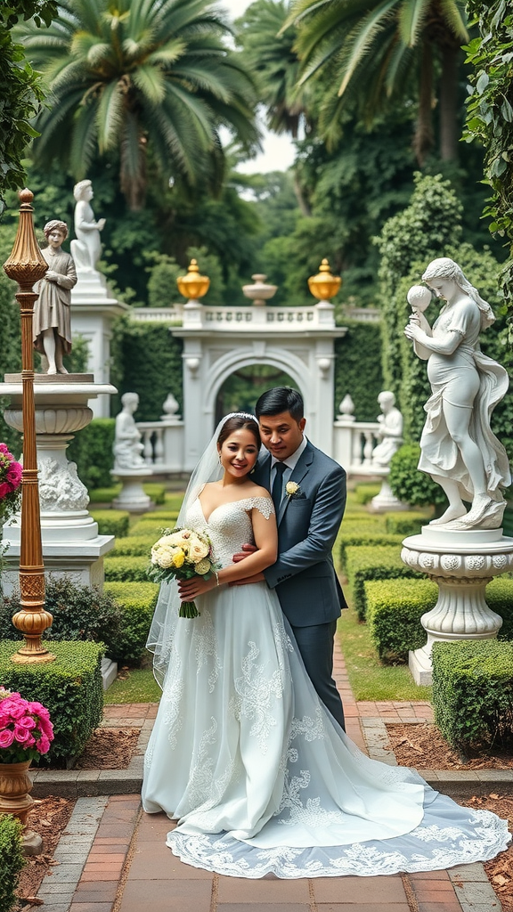 A couple in elegant wedding attire poses in a lush garden with classical sculptures, reflecting Rococo style.