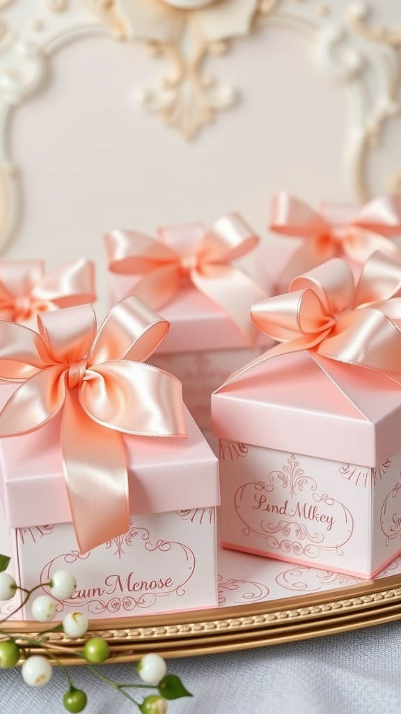 Elegant pink wedding favor boxes with ribbons, reflecting Rococo style.
