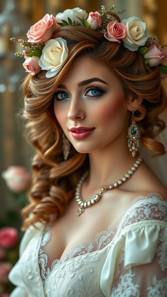 Bride with flowing hair adorned with roses, wearing elegant makeup and jewelry