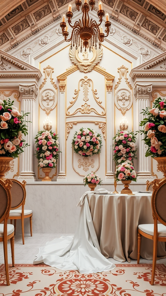 A lavish Rococo wedding setting with ornate decor, floral arrangements, and an elegant chandelier.