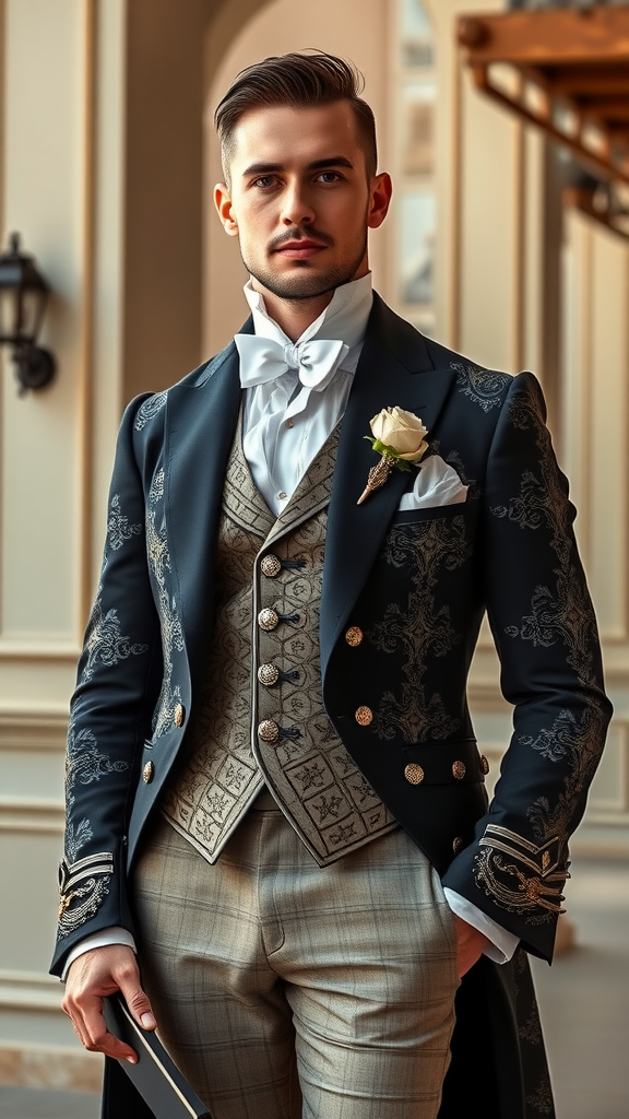 A groom in a Rococo style outfit featuring an embroidered jacket, waistcoat, and bow tie, standing elegantly.