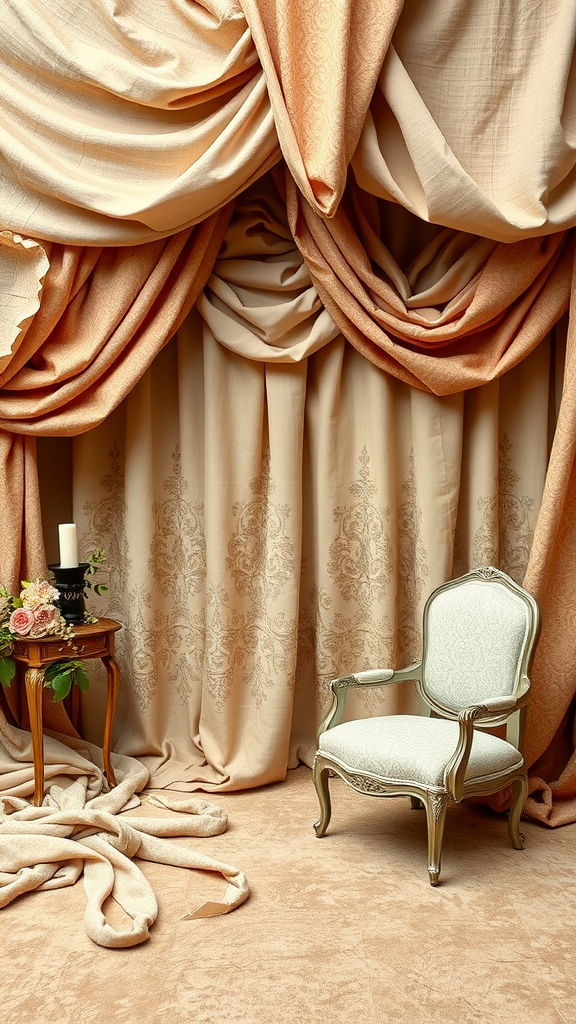 A Rococo wedding decor featuring draped fabrics in cream and peach, an ornate chair, and floral arrangements.
