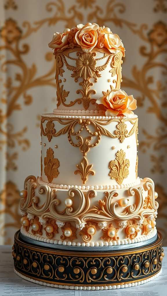 Intricate Rococo wedding cake with golden decorations and roses