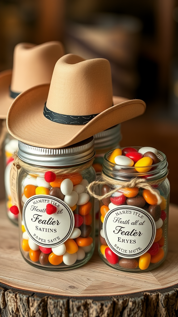Mini cowboy hats on jars filled with colorful candies for a rodeo-themed wedding favor.