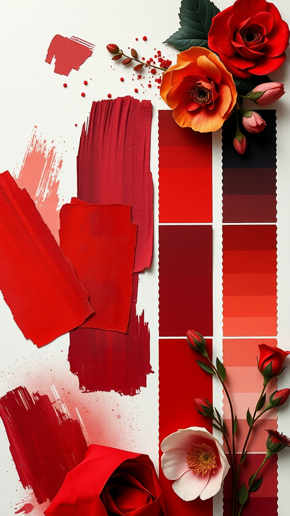 A collection of reds in paint swatches, accompanied by roses and floral elements, showcasing a romantic black and red color palette.