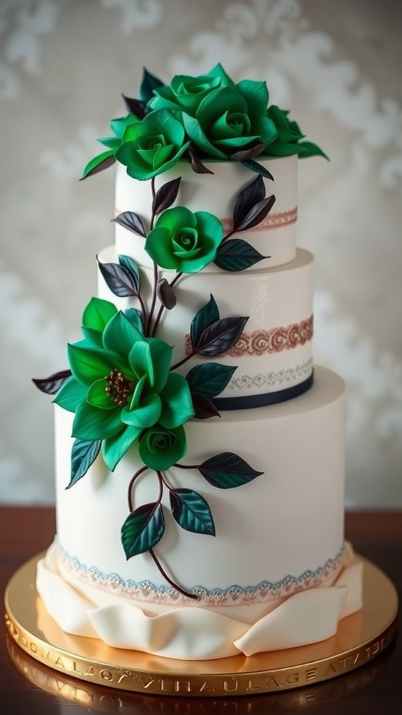 Three-tiered wedding cake decorated with emerald green roses and delicate lace details.