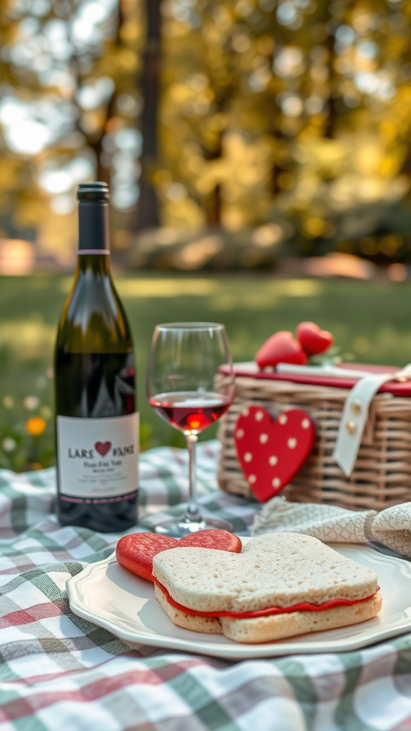 A romantic picnic setup with heart-shaped sandwiches, a bottle of wine, and strawberries. Valentine Lunch