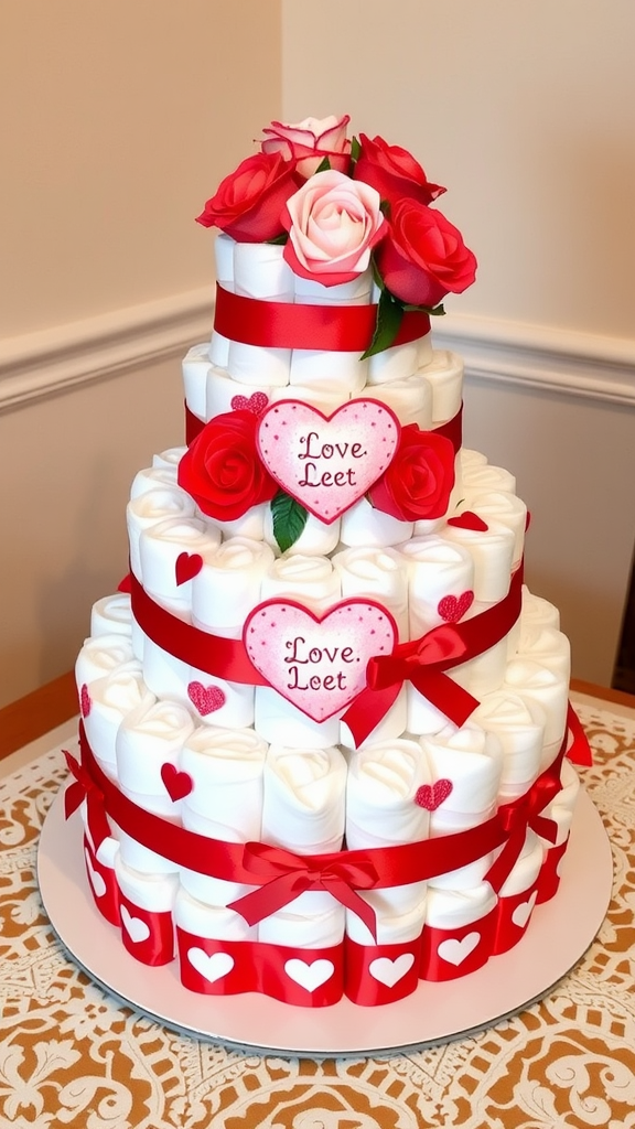 A three-tiered cake made of rolled diapers, decorated with red roses, red ribbons, and heart motifs.