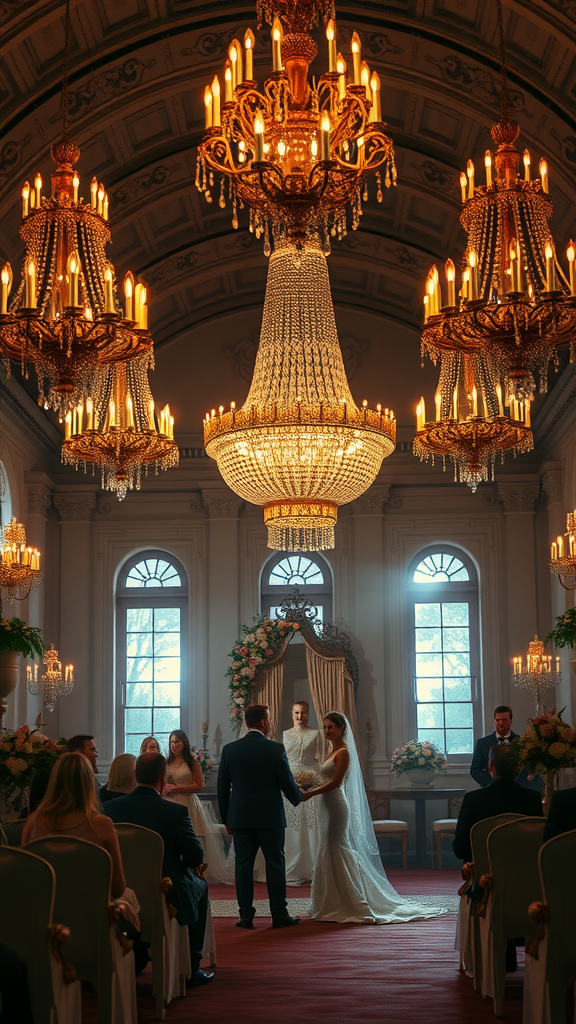 A stunning Rococo wedding venue with large chandeliers, an altar, and guests seated in elegant surroundings.