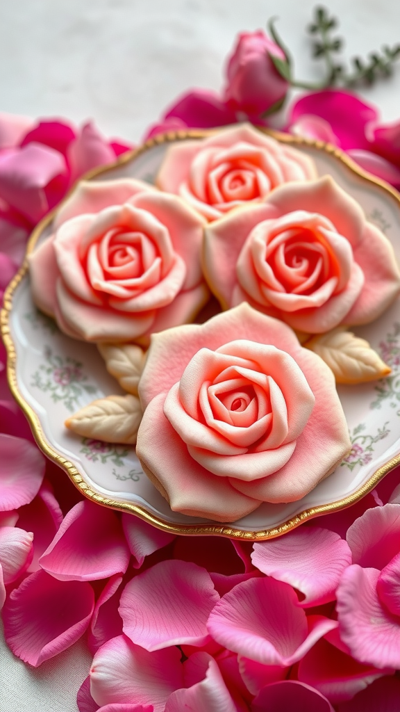 15 Adorable Valentine Baby Shower Sugar Cookies A plate of beautifully decorated rose-shaped sugar cookies surrounded by pink rose petals.