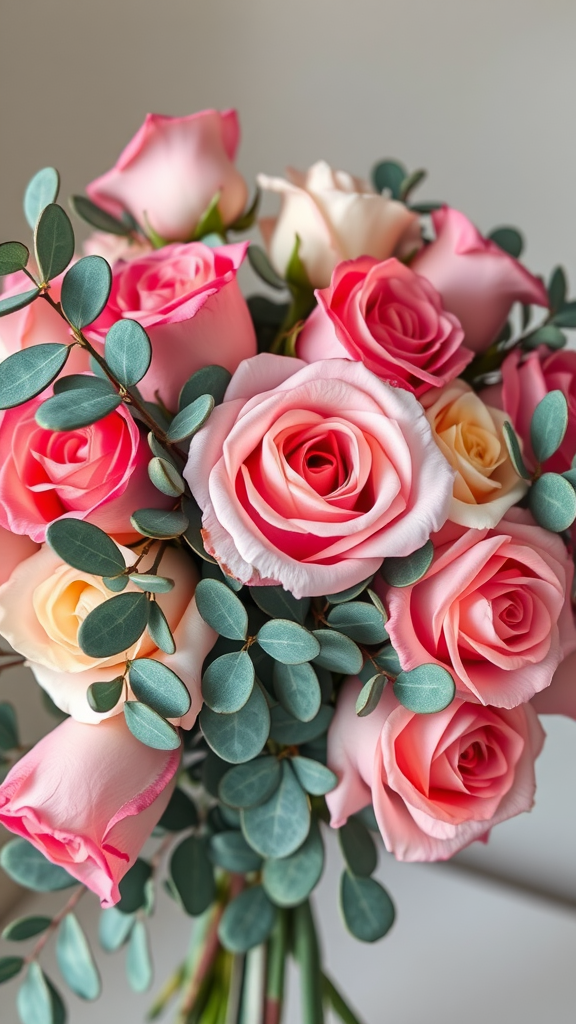 A bouquet featuring pink and cream roses with eucalyptus leaves.