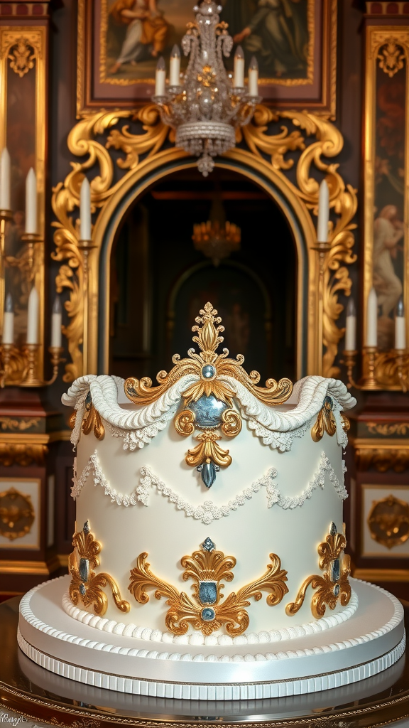 A beautifully designed Rococo cake featuring golden decorations and intricate designs, set against a backdrop of an ornate room with a chandelier.