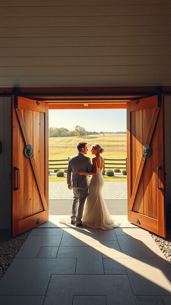 A couple standing at open rustic barn doors, embracing and looking outside into a sunny landscape.