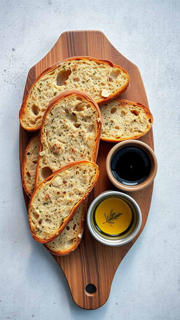 Sliced rustic bread on a wooden board with two bowls of olive oil and balsamic vinegar.