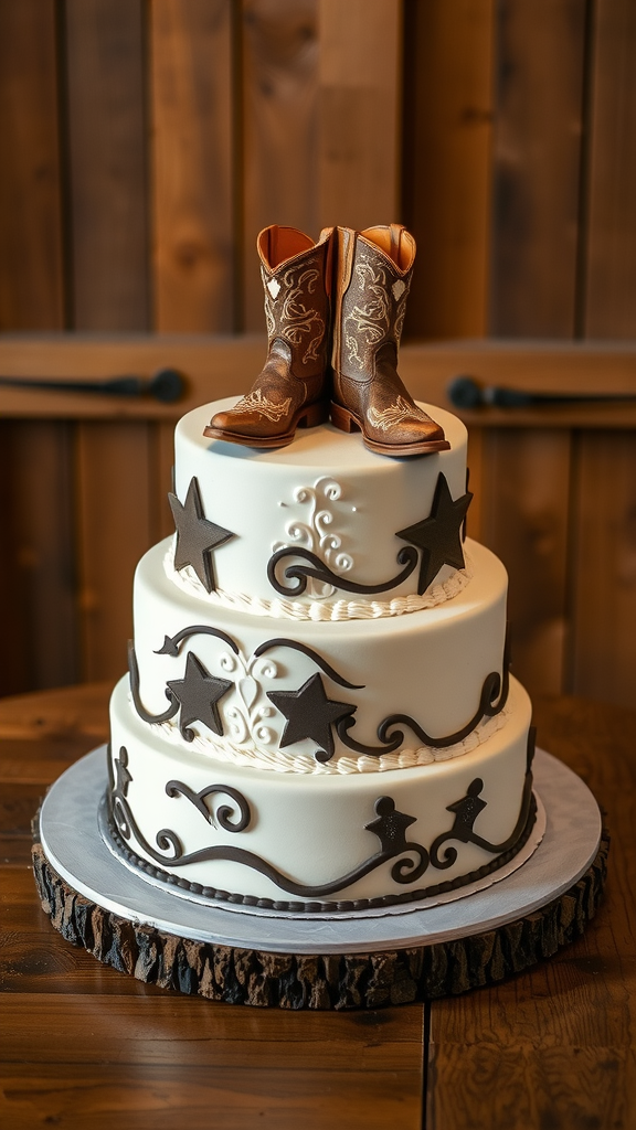 25 Rustic Cowboy Wedding Ideas to Tie the Knot with Style A rustic three-tiered wedding cake with cowboy boots on top, decorated with swirls and stars.