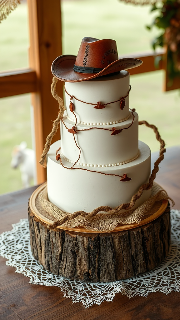 A three-tier cowboy wedding cake featuring a mini cowboy hat, rope accents, and a rustic wooden base.