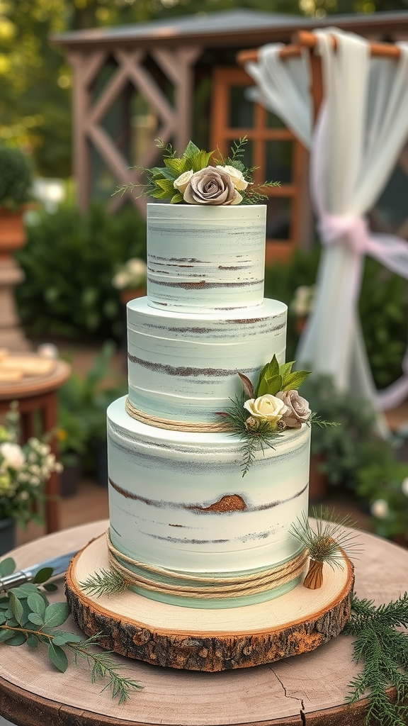 A rustic sage green wedding cake adorned with flowers and greenery, displayed on a wooden slice.