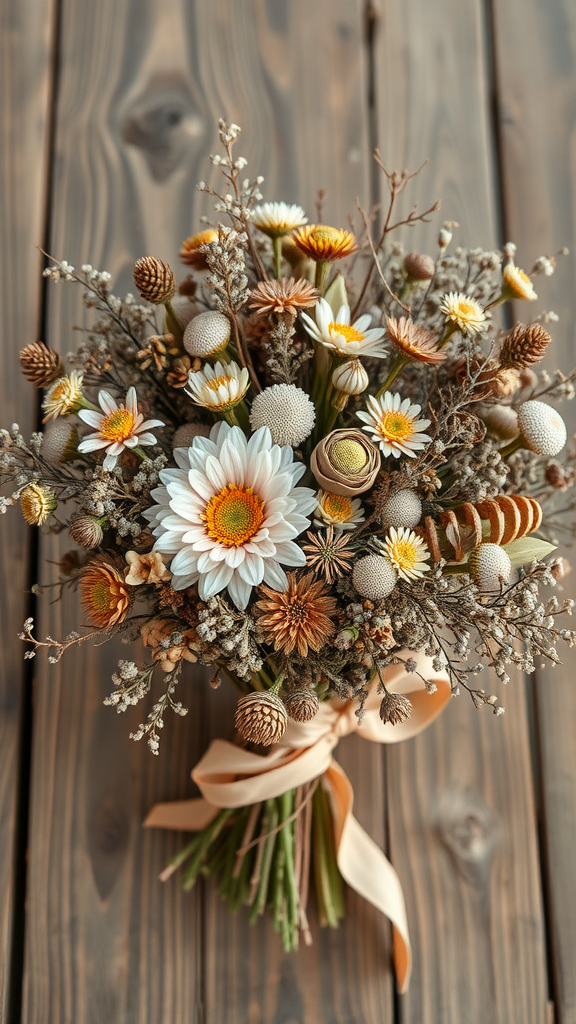 A rustic bouquet featuring dried flowers in earthy tones, tied with a soft ribbon