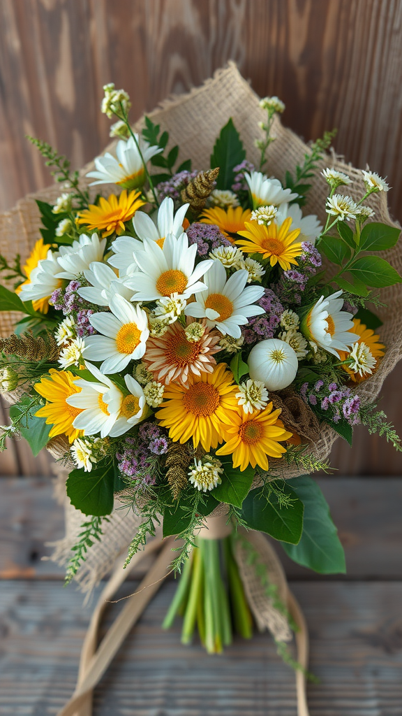 25 Rustic Cowboy Wedding Ideas to Tie the Knot with Style A beautiful rustic floral arrangement featuring daisies and sunflowers wrapped in burlap.