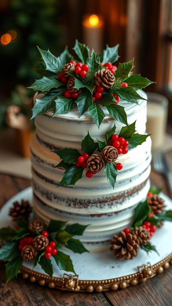 A rustic three-tier wedding cake decorated with holly leaves, red berries, and pine cones, set against a cozy background with soft lighting.