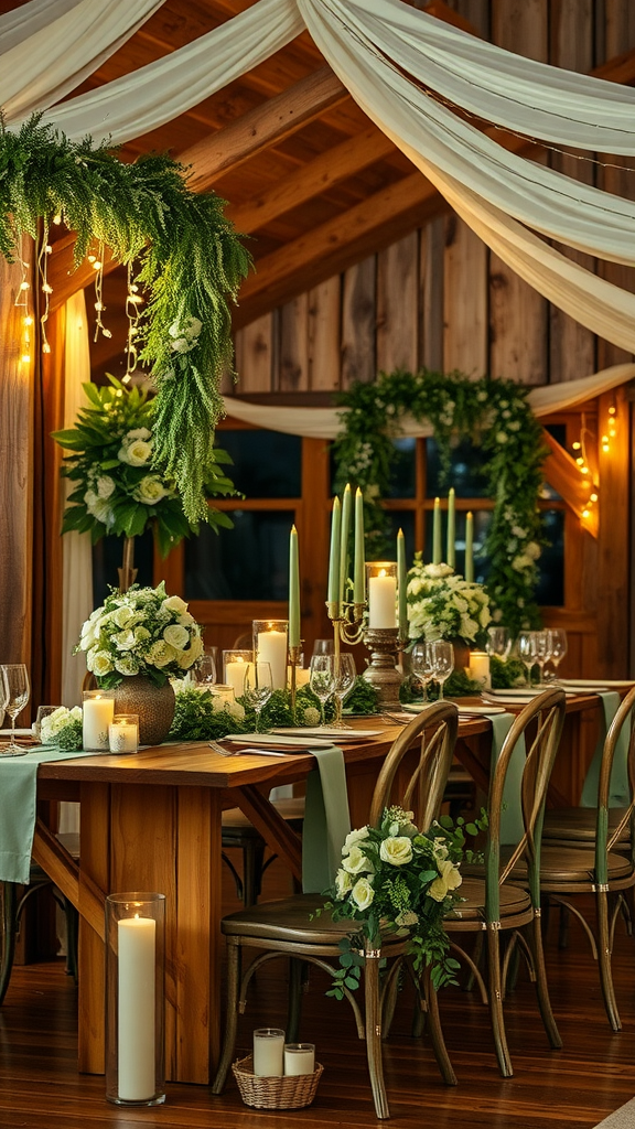 25 Enchanting Sage Green Wedding Ideas to Inspire Your Big Day A rustic dining setup featuring a wooden table with sage green decor, white flowers, and candles, creating an inviting atmosphere.