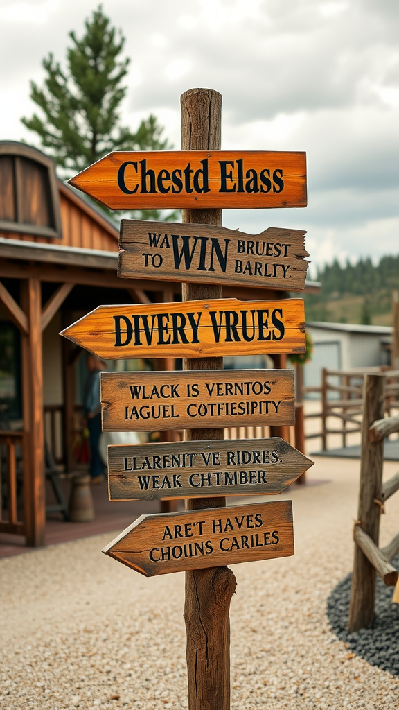A wooden rustic signpost with multiple arrows pointing in different directions, each with hand-painted text.