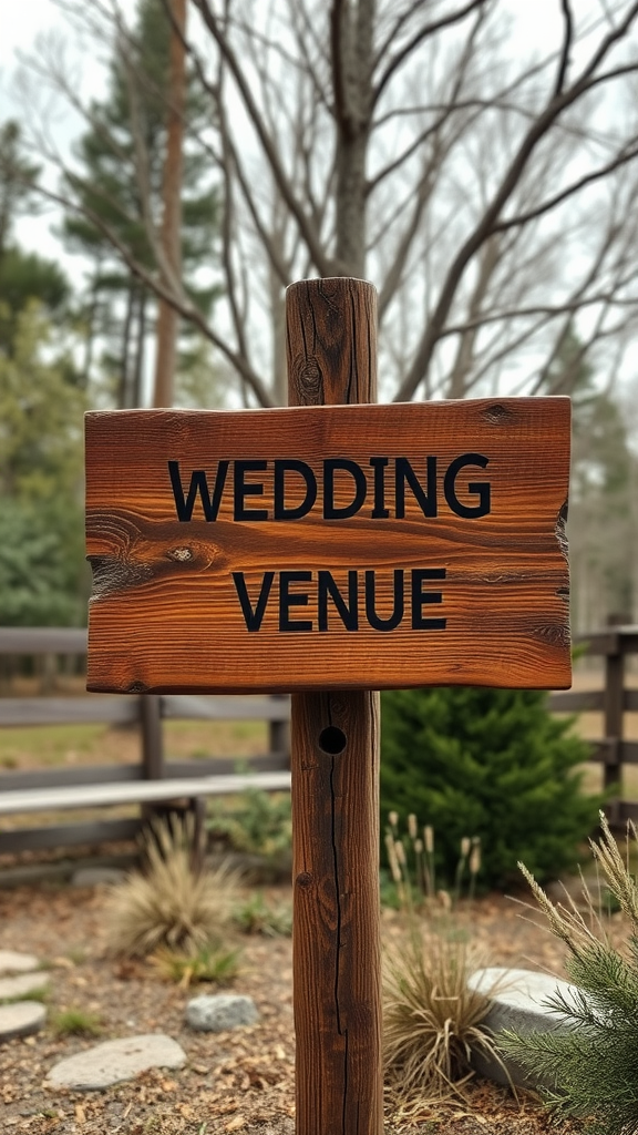A rustic wooden wedding venue sign with black lettering in a natural setting