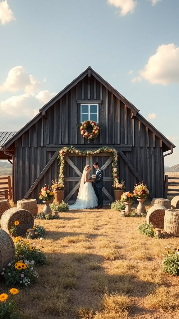 25 Rustic Cowboy Wedding Ideas to Tie the Knot with Style A couple standing in front of a rustic barn decorated with flowers, perfect for a cowboy wedding.