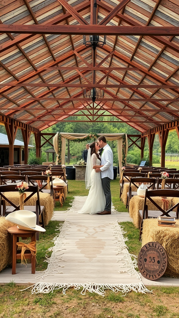 A couple kissing at a rustic wedding venue with wooden beams and hay bales