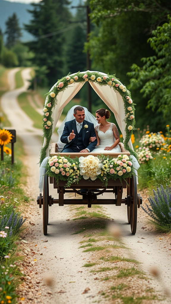 A couple sits in a decorated rustic wagon on a tree-lined path, surrounded by flowers.