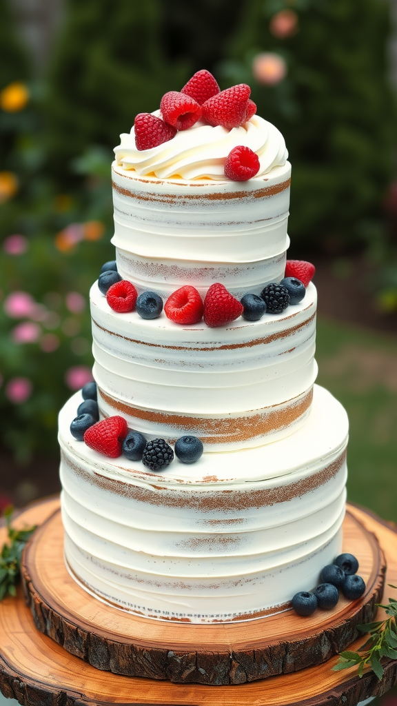 A rustic two-tier wedding cake topped with whipped cream and fresh berries in a garden setting.