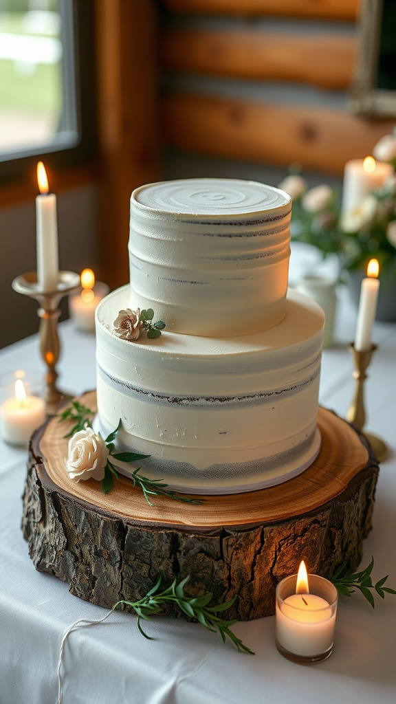 A two-tier wedding cake on a rustic wood slice stand with candles and flowers around it.