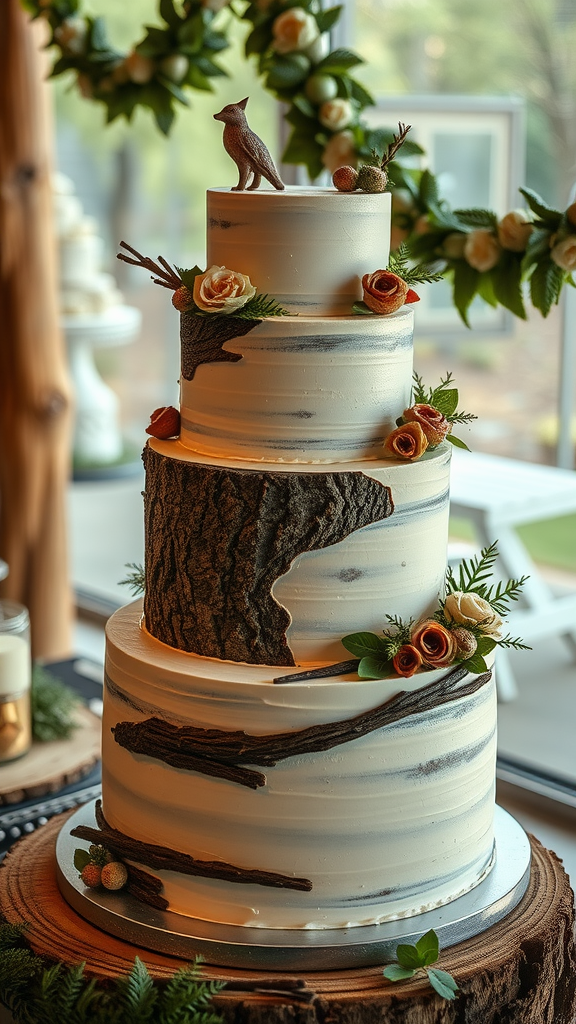 A multi-tiered rustic woodland themed cake with tree bark texture, decorated with flowers and a fox figurine on top.