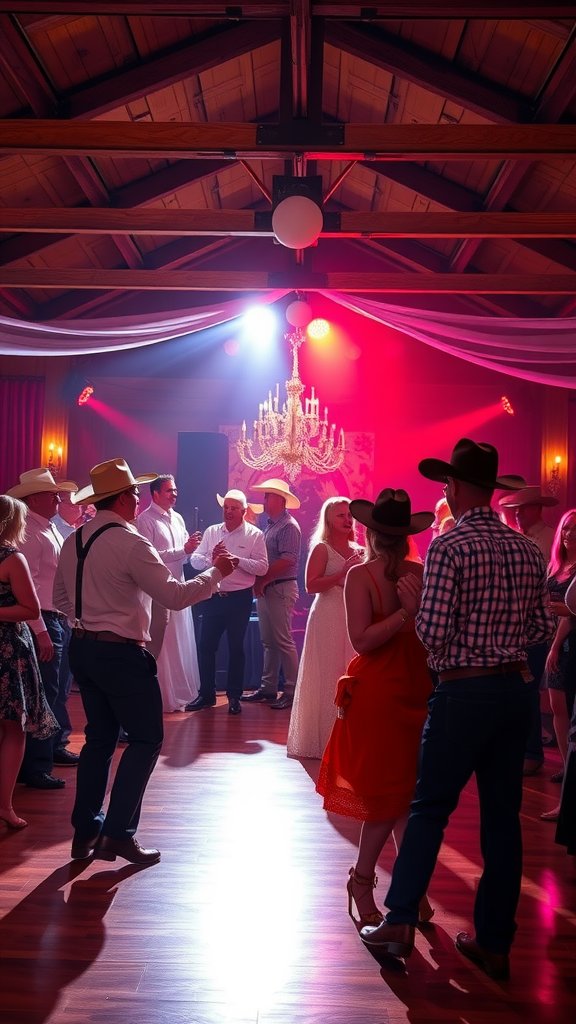 A lively dance floor at a cowboy-themed wedding with guests in western attire, enjoying the celebration under a chandelier.
