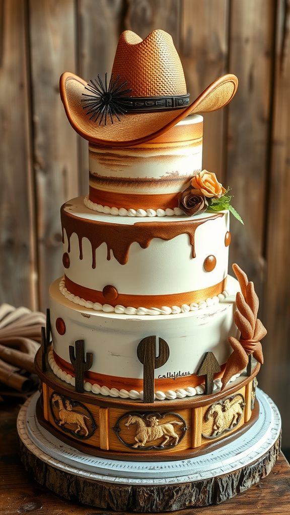 A vintage cowboy wedding cake with a hat on top and rustic decorations.