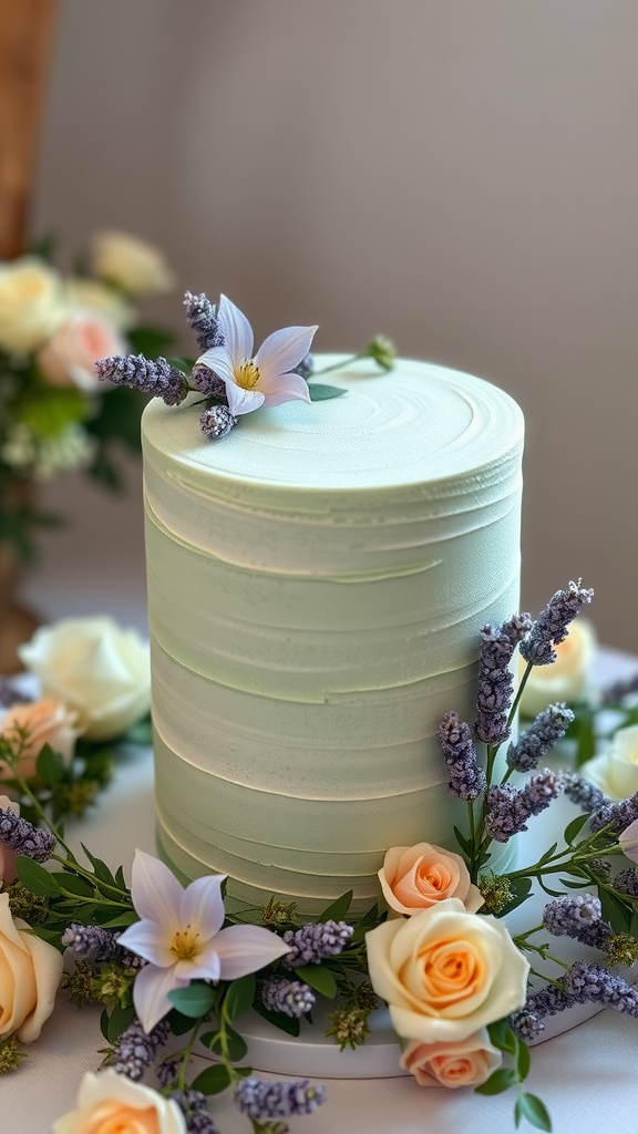A one-tier sage green wedding cake decorated with lavender flowers and peach roses.