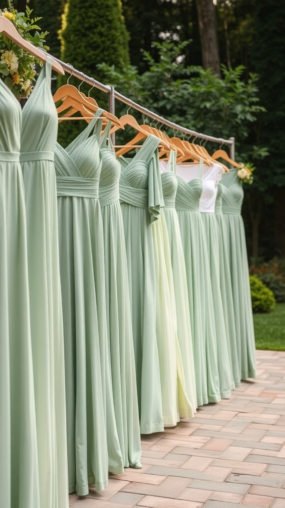 25 Enchanting Sage Green Wedding Ideas to Inspire Your Big Day A selection of sage green bridesmaid dresses hanging on a rack, showcasing various styles and shades.