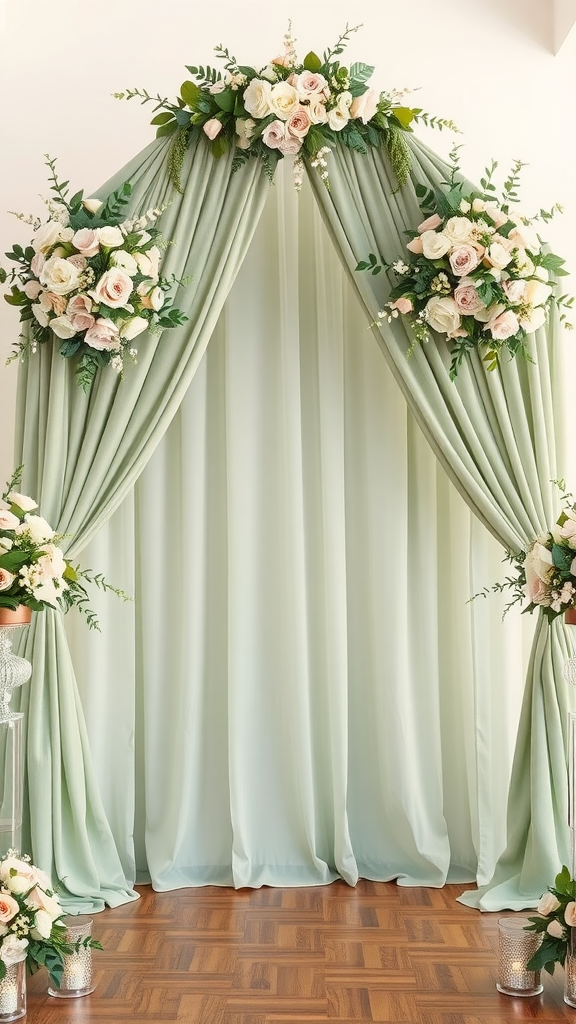 25 Enchanting Sage Green Wedding Ideas to Inspire Your Big Day A sage green ceremony backdrop with floral arrangements, perfect for weddings.