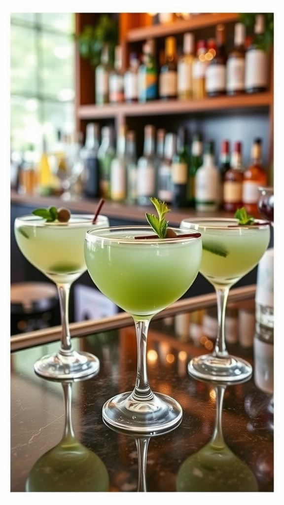 25 Enchanting Sage Green Wedding Ideas to Inspire Your Big Day Three sage green cocktails with garnishes on a bar counter