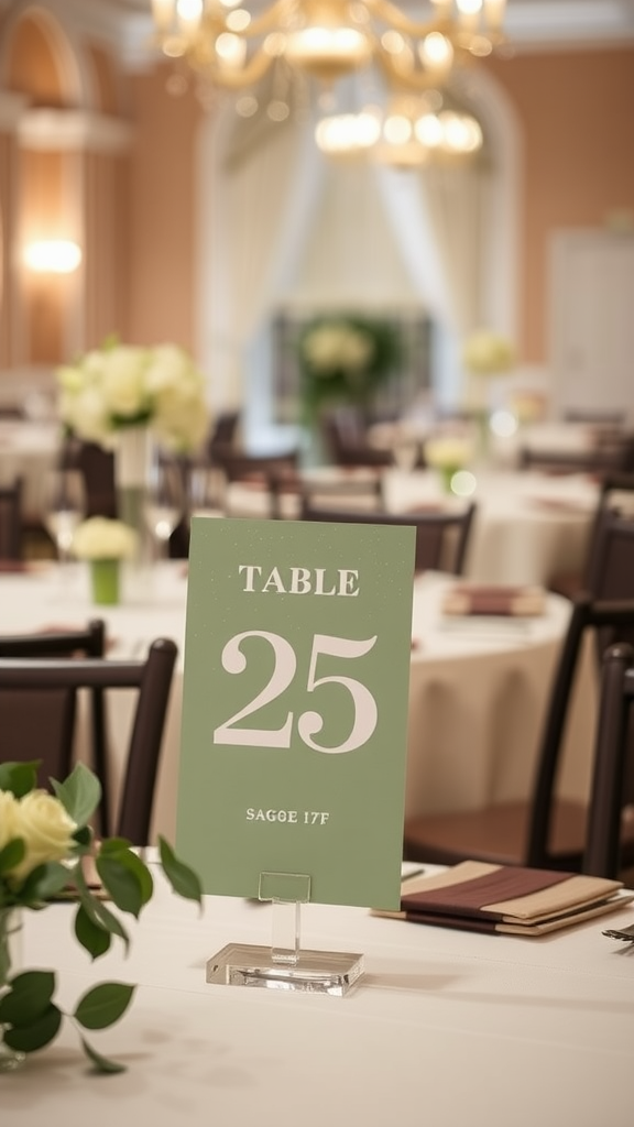 25 Enchanting Sage Green Wedding Ideas to Inspire Your Big Day A sage green table number 25 in a stylish wedding setting.